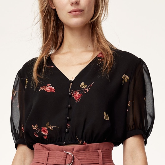ARITZIA Wilfred Sofiane Short Sleeve Blouse Black Floral XS Rose Print - Picture 1 of 9